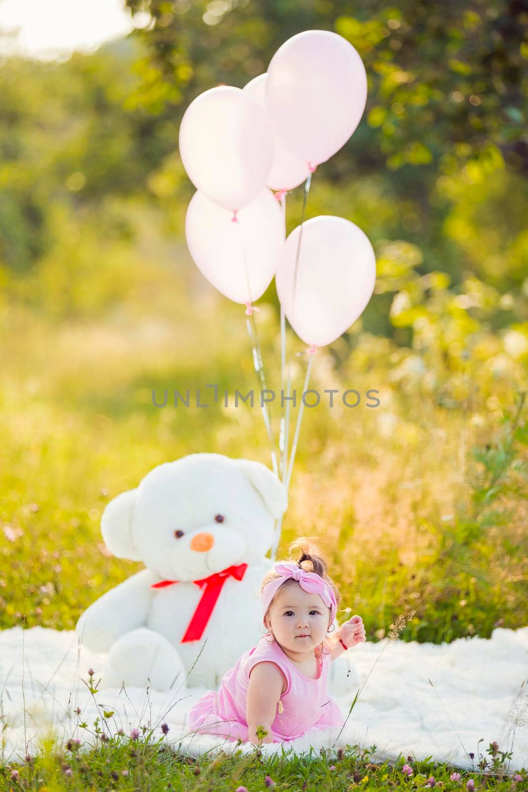 girl sitting in nature with teddy bear and balloons