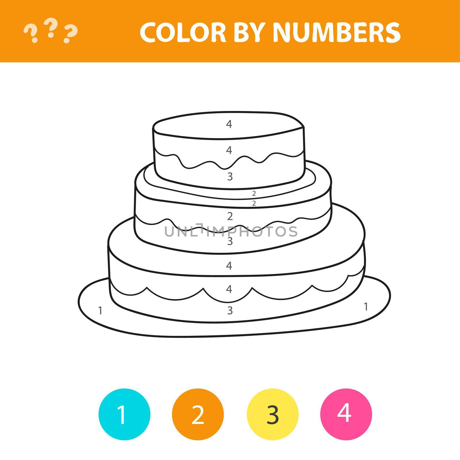 Cute cartoon cake - color by numbers. Coloring page for preschoolers. Educational math game for kids. Printable worksheet.