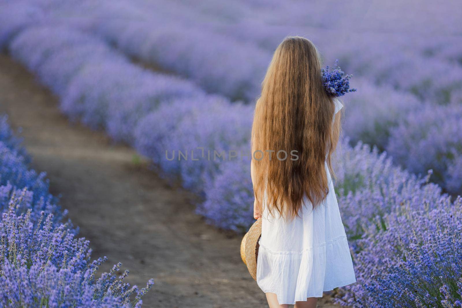 portrait of a girl with a bouquet on a lavender field