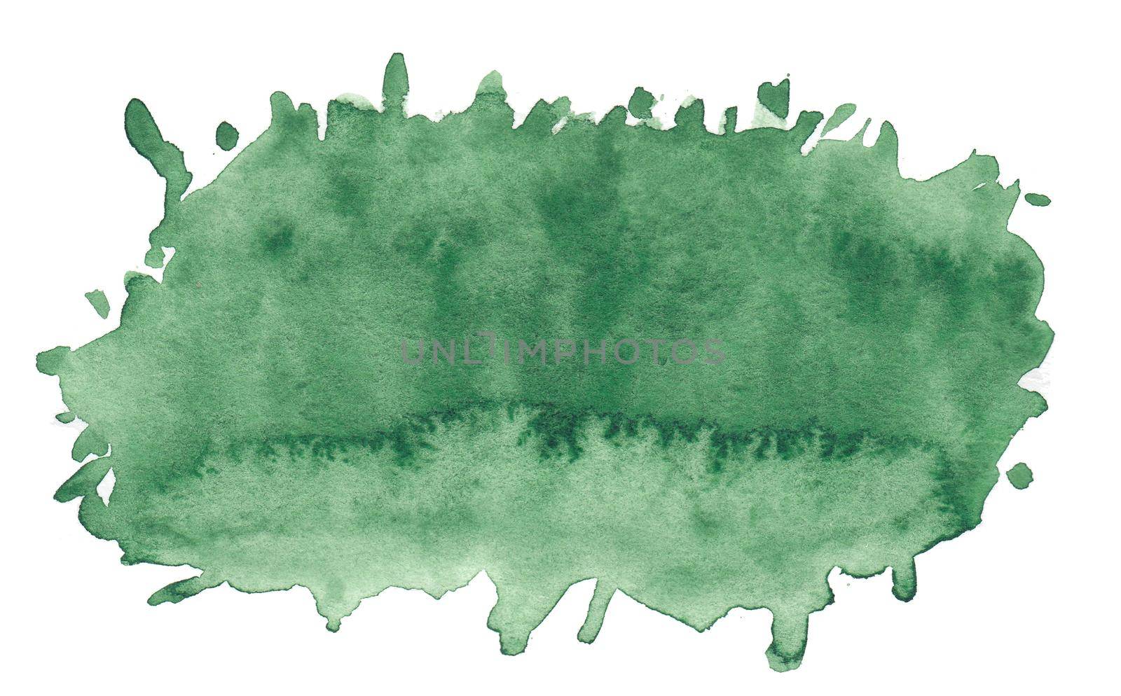 Abstract green watercolor splash texture isolated on white background. Bright pickle paint stain drops. Abstract illustration, banner, poster for text, decoration element