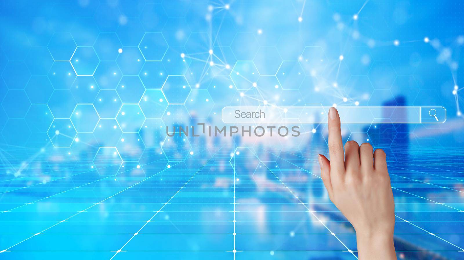Women hand clicking internet search bar on computer touch screen Blank search bar. Man hand touching search engine optimization, web banner. business and technology concept. copy space banner