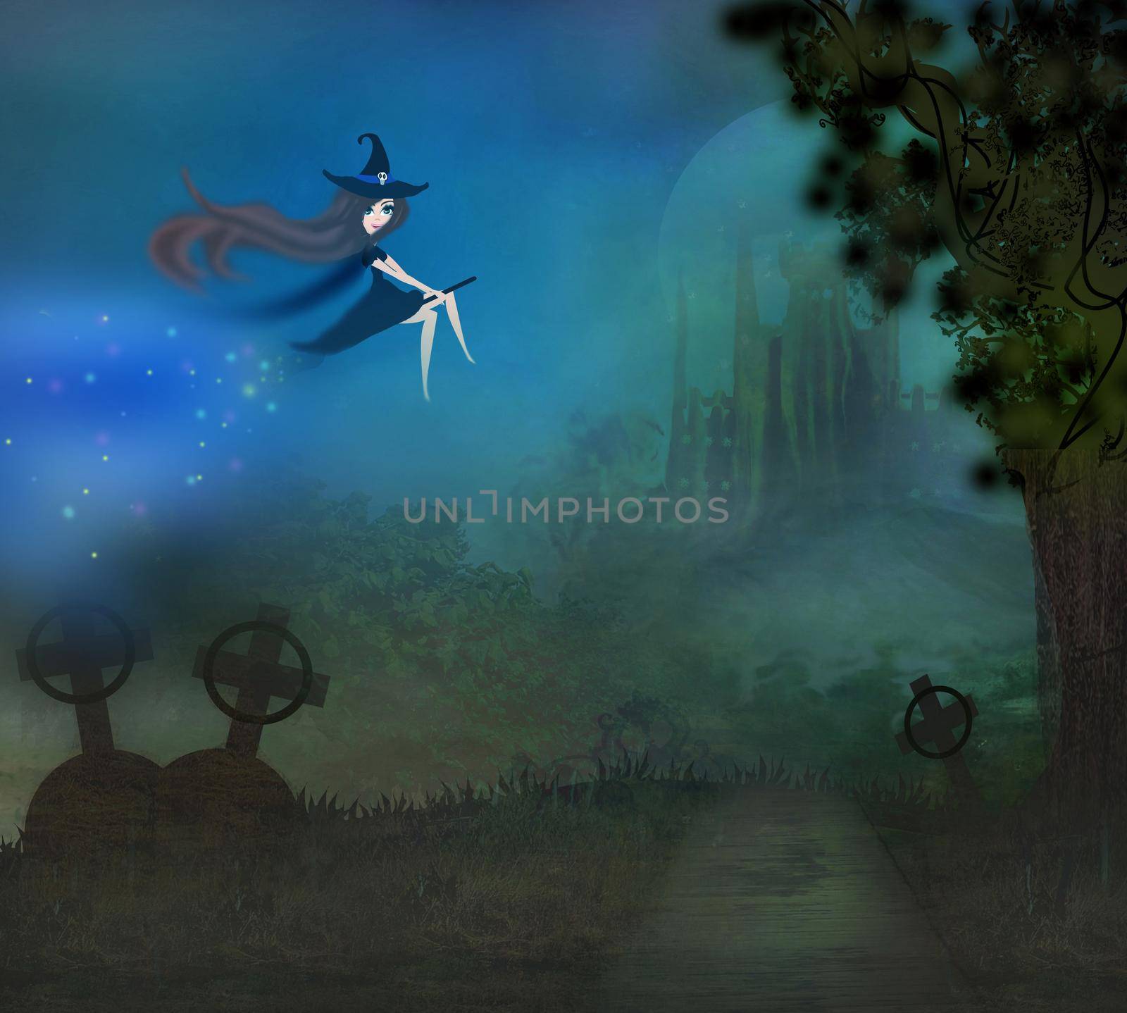 Witch flying on a broom in moonlight.