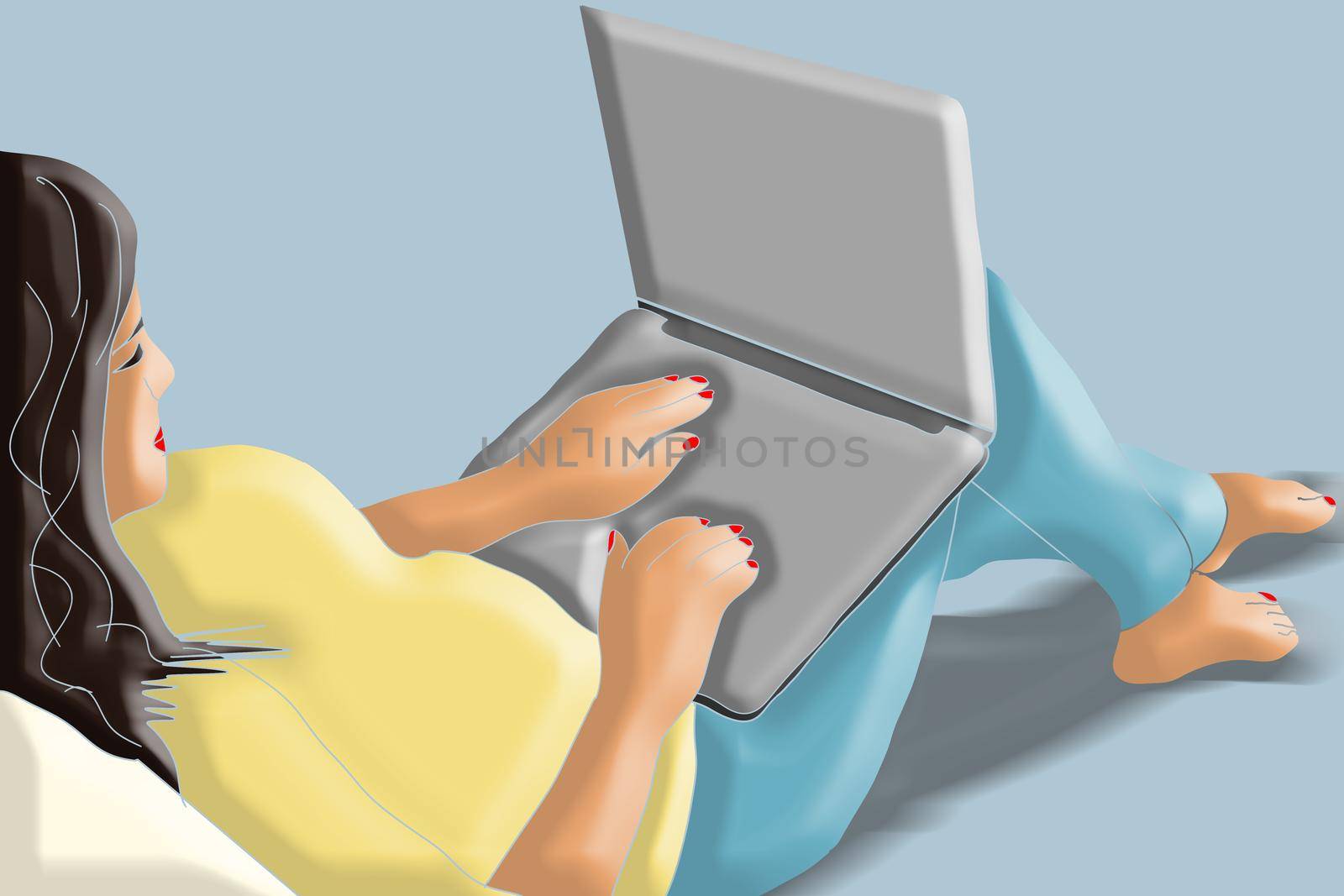 Woman Working at Home Office. Freelance or studying concept. Character Sitting on a Carpet in Room, Looking at Computer Screen or Laptop at Home. Sofa Interior at Home. Home Office Concept by Andelov13