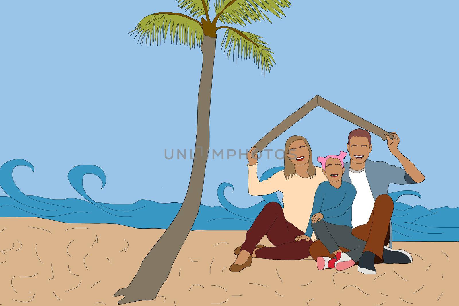 family at the beach and palm trees on background by Andelov13