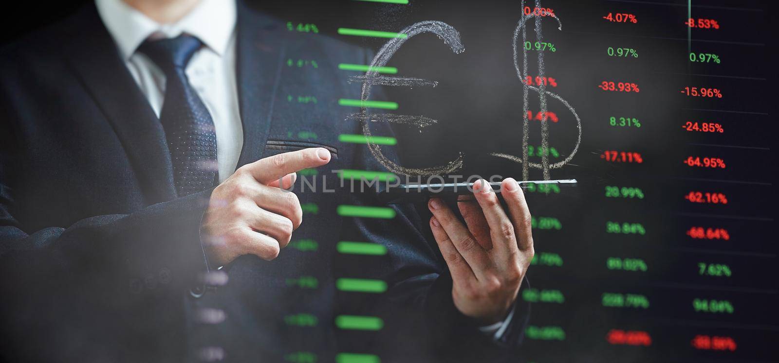 Stock market, Business growth, progress or success concept. Businessman or trader is showing a growing virtual hologram stock, invest in trading.