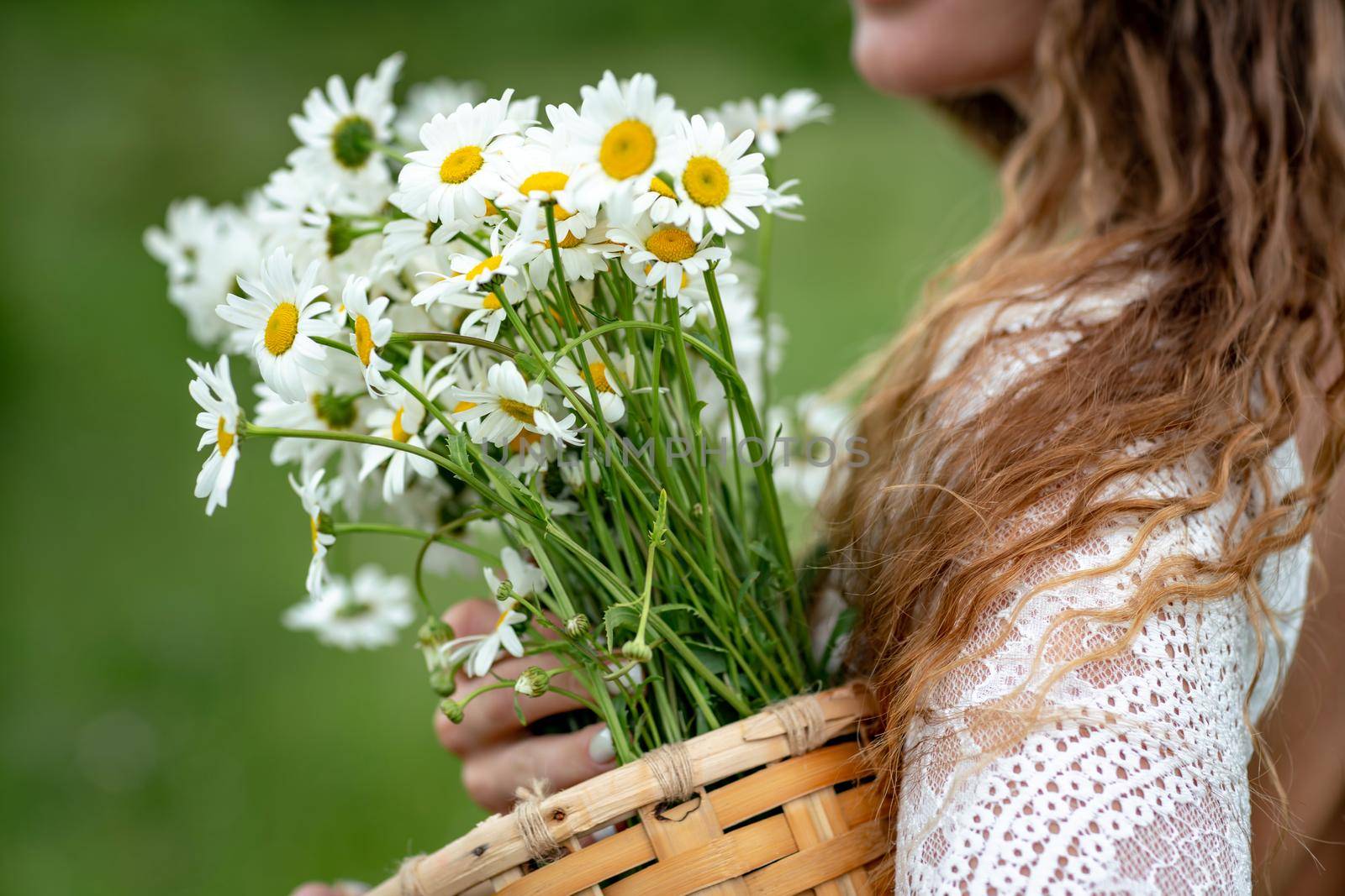 A middle-aged woman holds a large bouquet of daisies in her hands. Wildflowers for congratulations by Matiunina