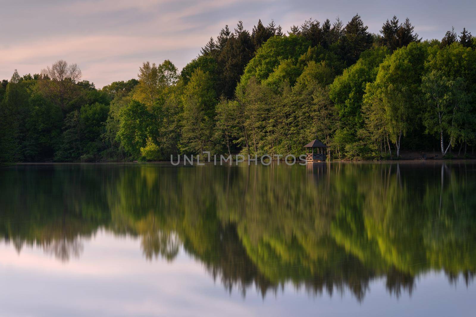 Panoramic image of beautiful and idyllic Bensberg Lake, Bergisch Gladbach, Germany