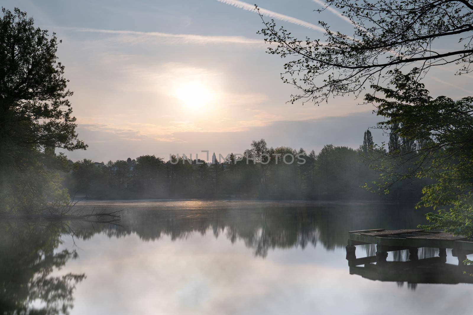 Panoramic image of beautiful and idyllic Bensberg Lake, Bergisch Gladbach, Germany