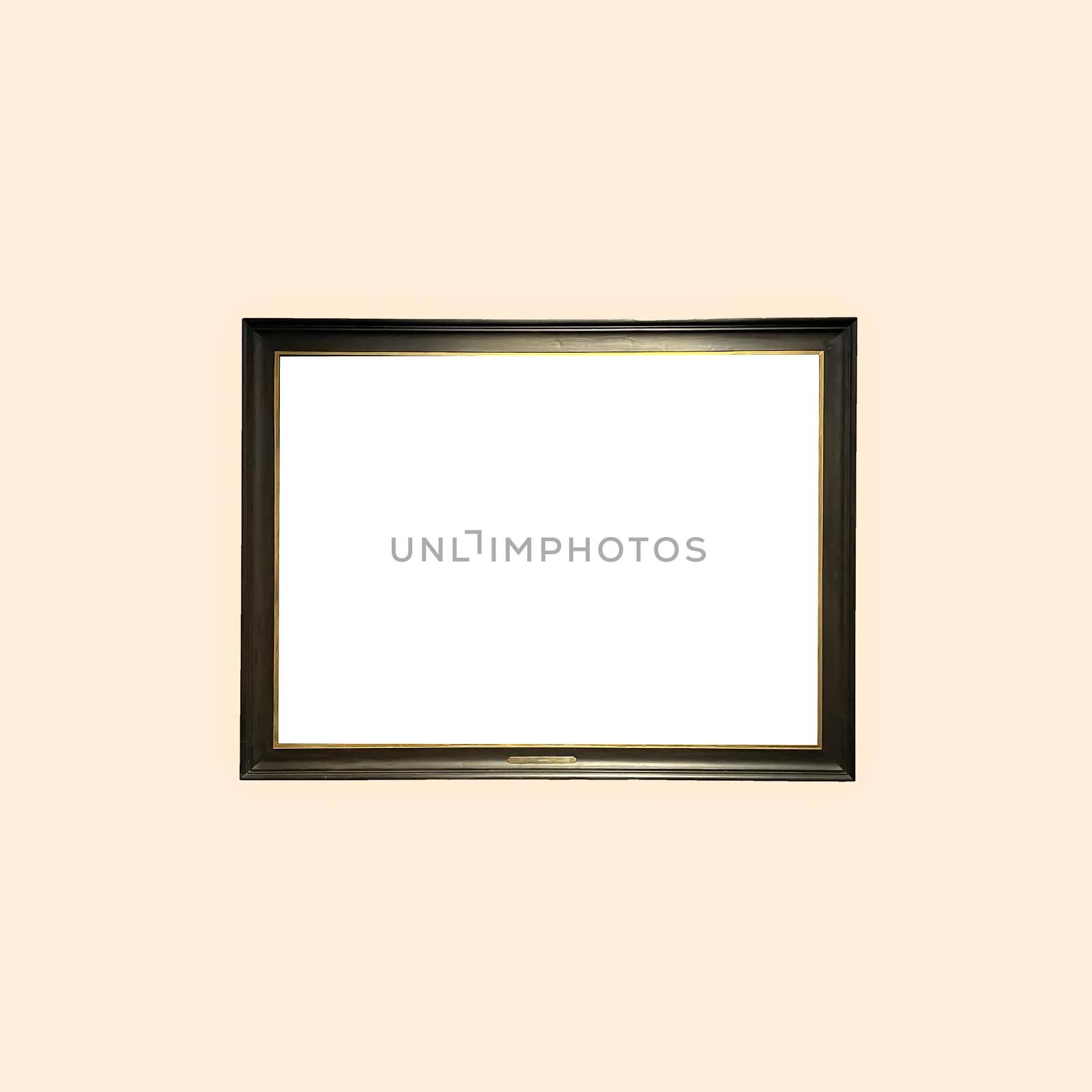 Antique art fair gallery frame on beige wall at auction house or museum exhibition, blank template with empty white copyspace for mockup design, artwork by Anneleven