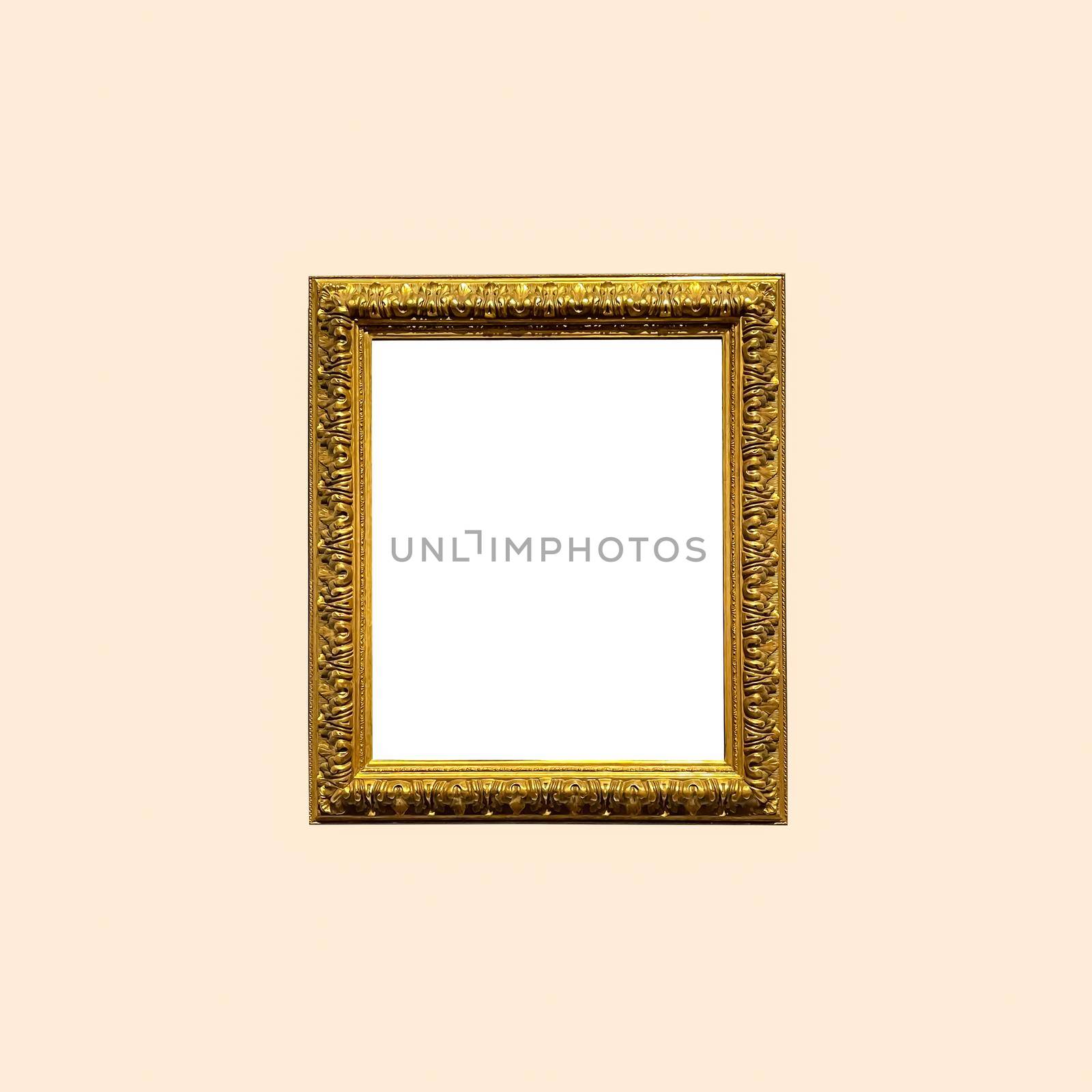 Antique art fair gallery frame on beige wall at auction house or museum exhibition, blank template with empty white copyspace for mockup design, artwork concept