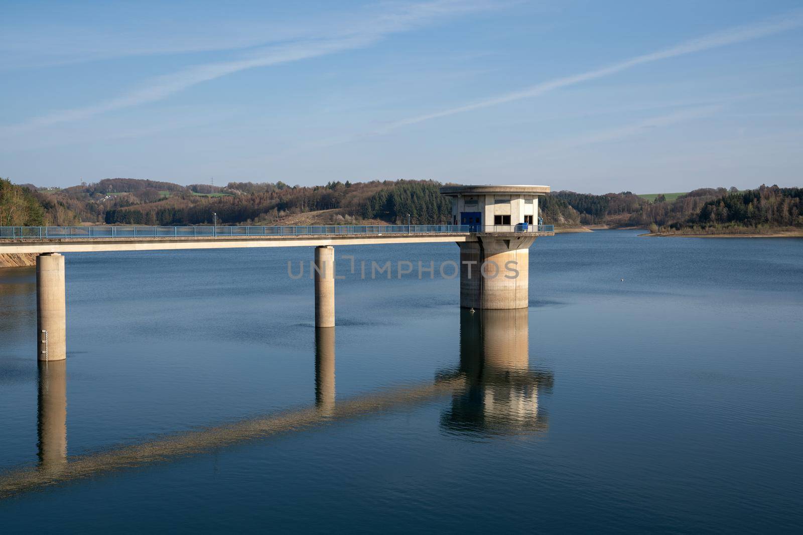 Panoramic image of Dhunn water reservoir during winter, Bergisches Land, Germany