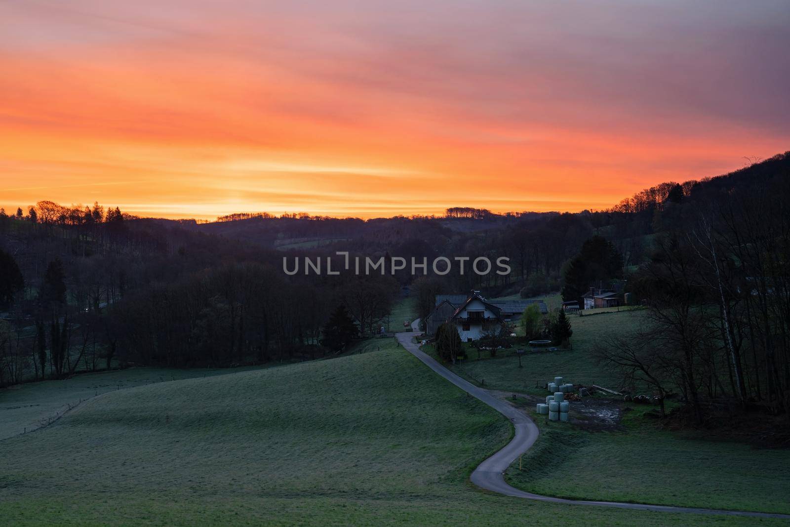 Panoramic image of scenic view on a colorful morning, Bergisches Land, Odenthal, Germany