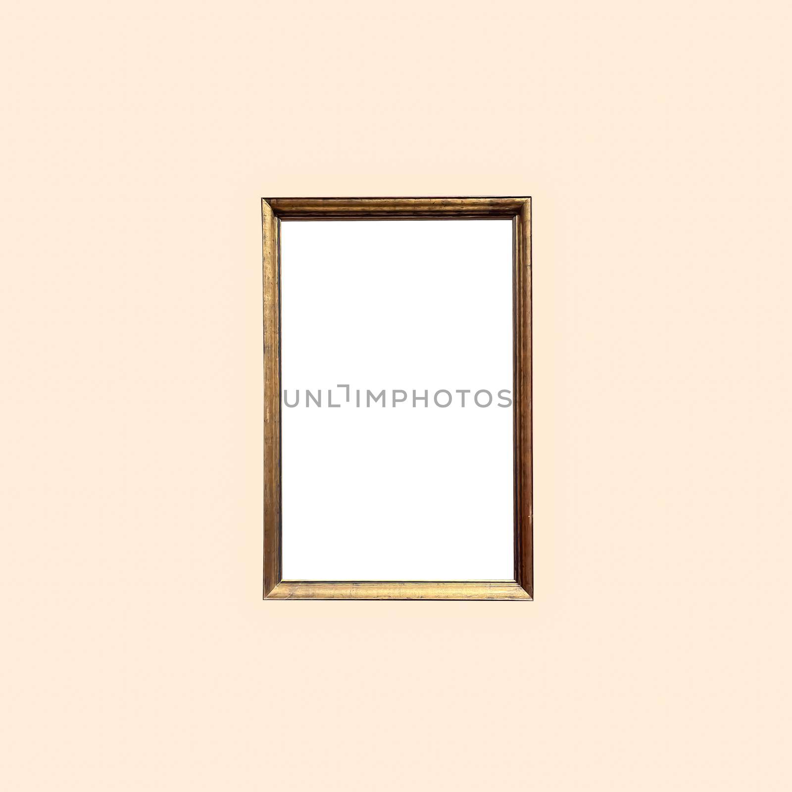 Antique art fair gallery frame on beige wall at auction house or museum exhibition, blank template with empty white copyspace for mockup design, artwork concept