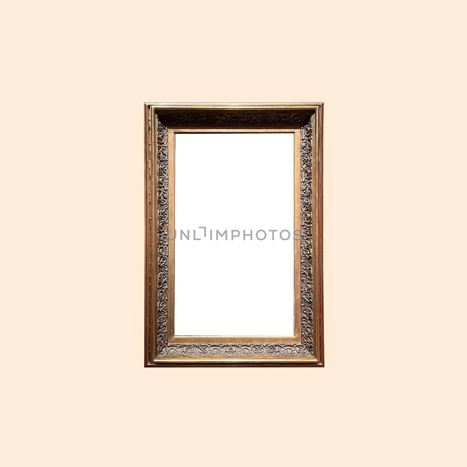 Antique art fair gallery frame on beige wall at auction house or museum exhibition, blank template with empty white copyspace for mockup design, artwork by Anneleven