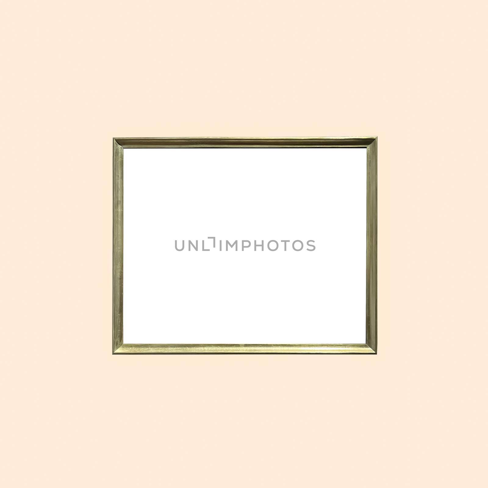 Antique art fair gallery frame on beige wall at auction house or museum exhibition, blank template with empty white copyspace for mockup design, artwork concept