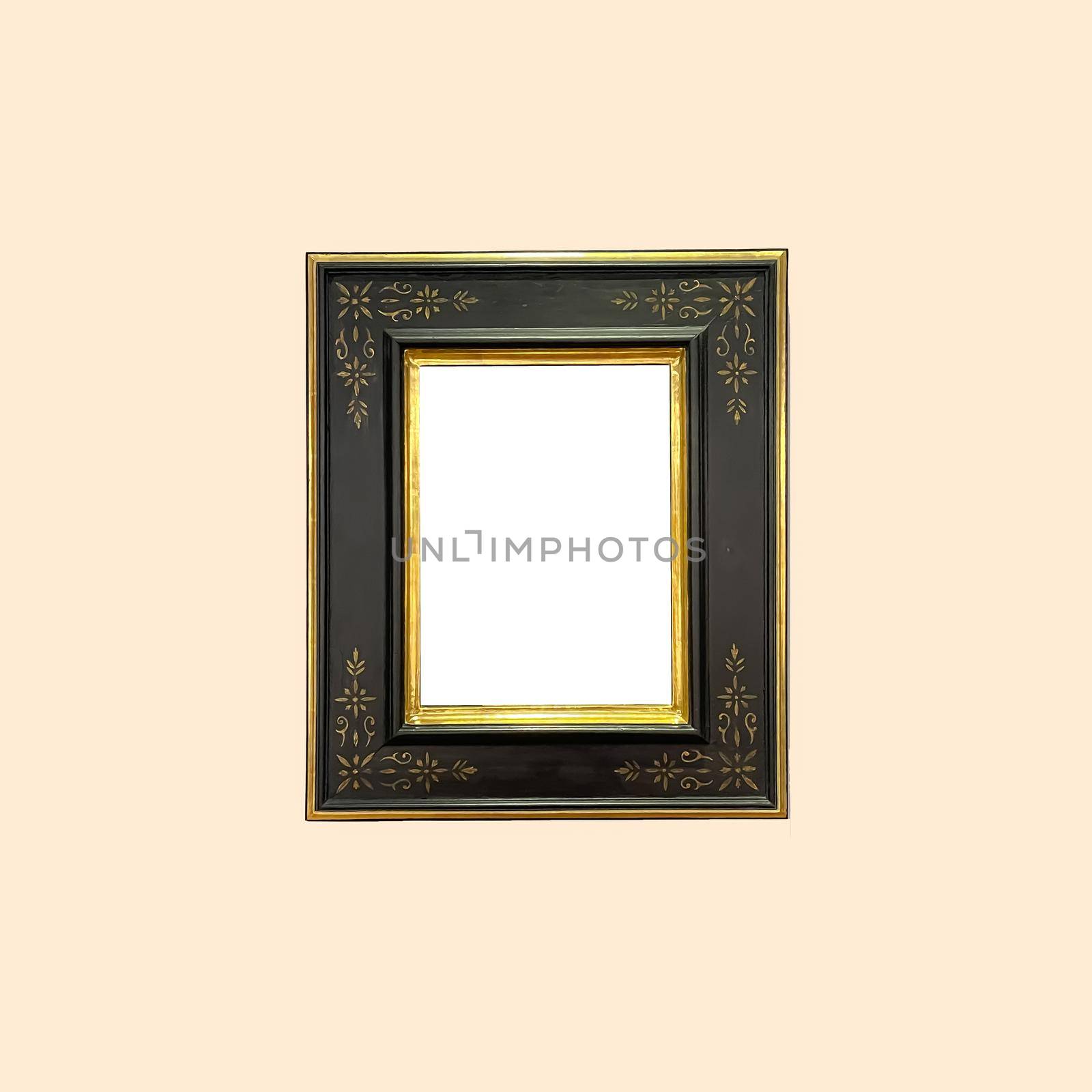 Antique art fair gallery frame on beige wall at auction house or museum exhibition, blank template with empty white copyspace for mockup design, artwork by Anneleven