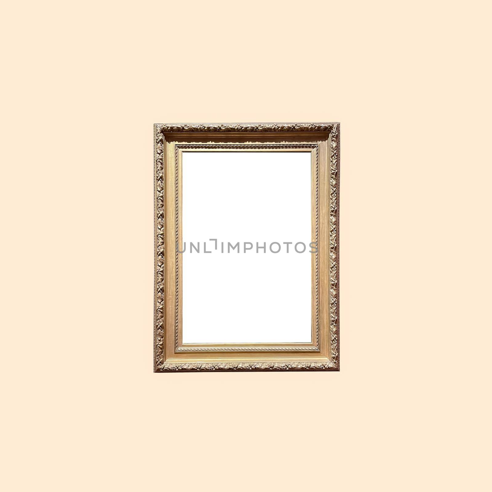 Antique art fair gallery frame on beige wall at auction house or museum exhibition, blank template with empty white copyspace for mockup design, artwork concept