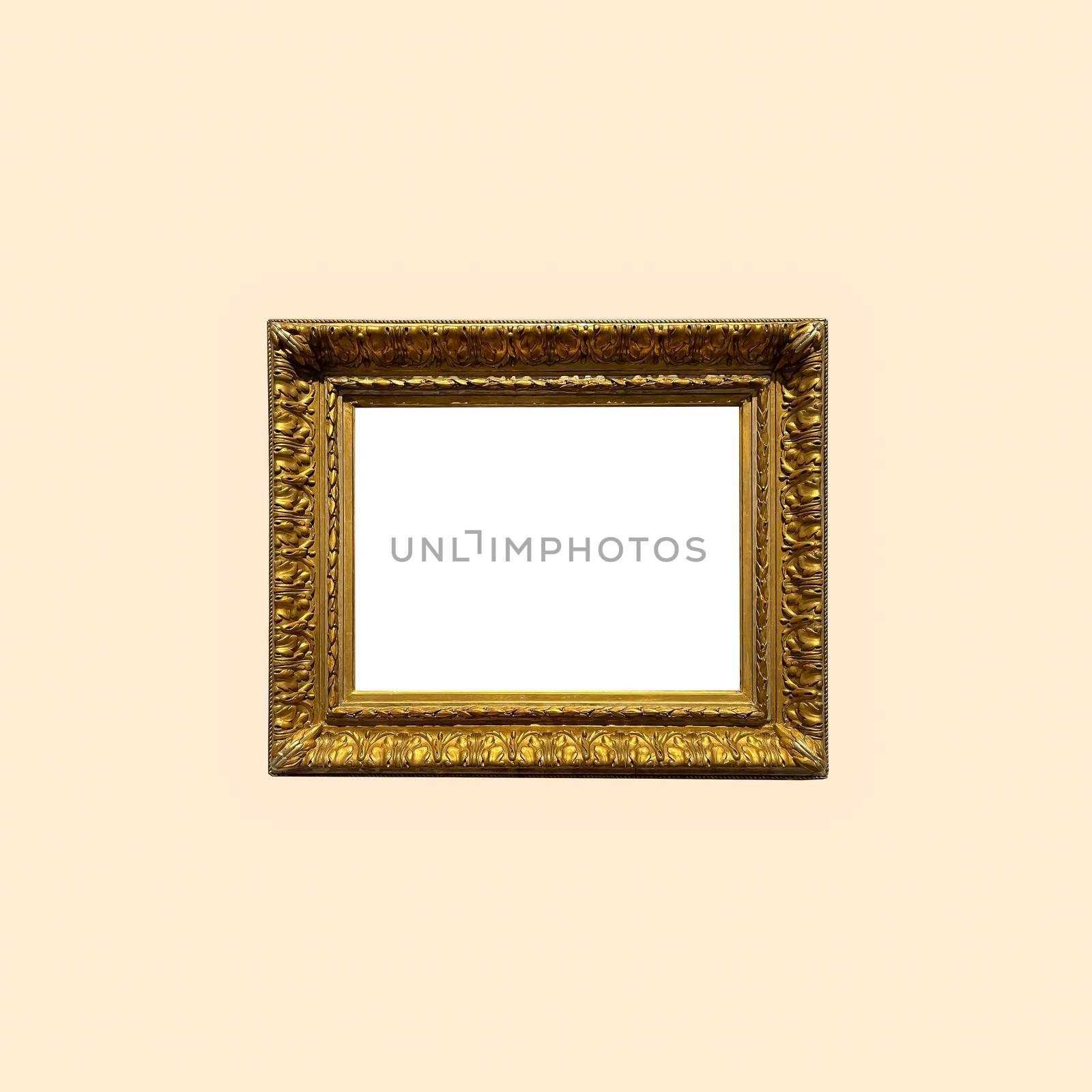 Antique art fair gallery frame on beige wall at auction house or museum exhibition, blank template with empty white copyspace for mockup design, artwork by Anneleven