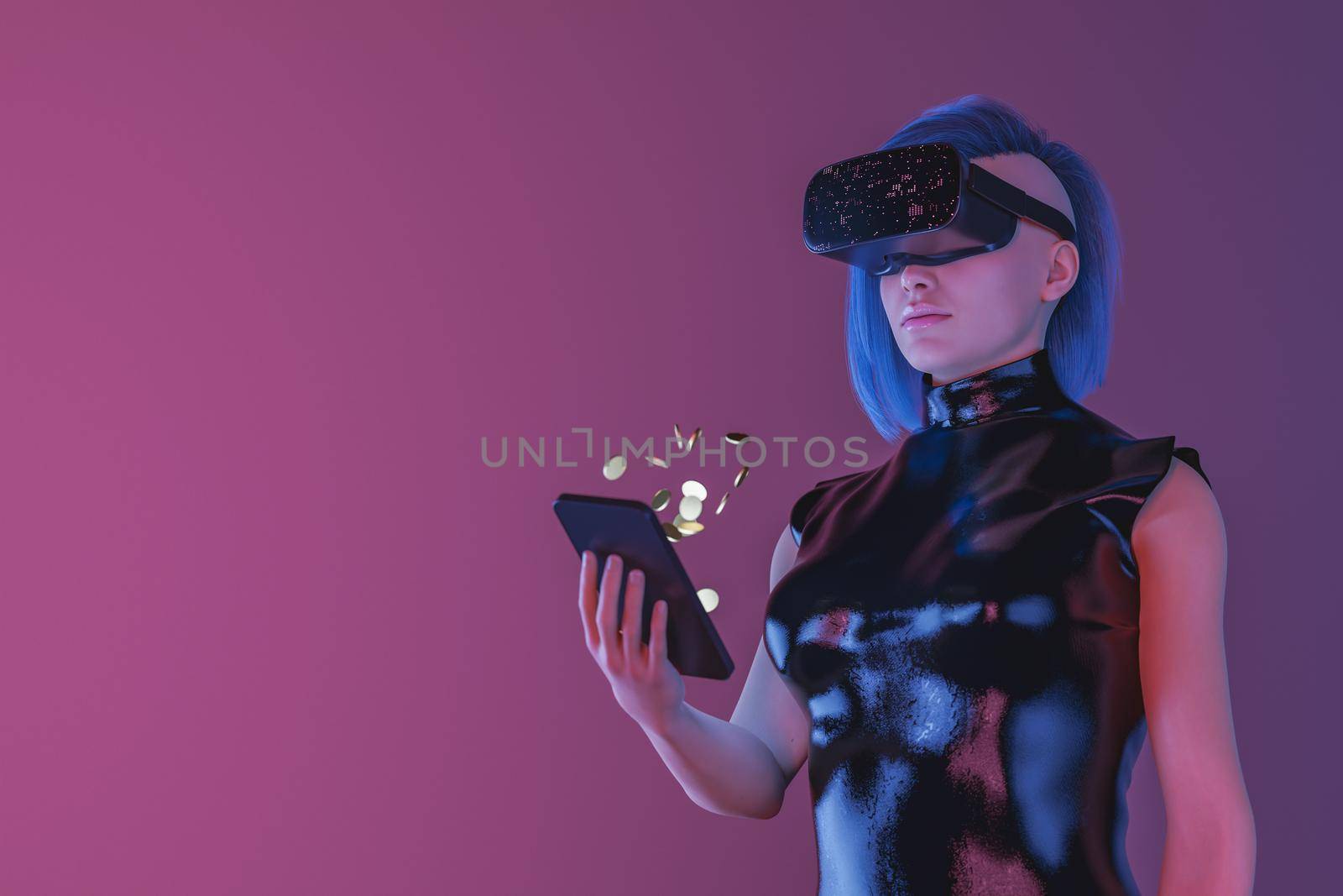3D rendering of futuristic female in VR goggles using smartphone to spend money in metaverse against purple background
