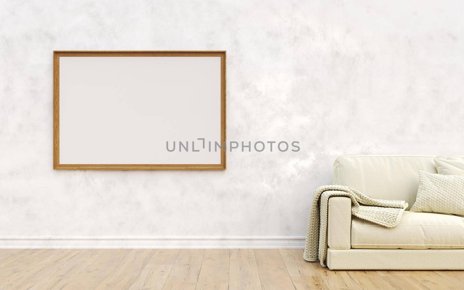 Mock up poster frames with white sofa in modern interior background 3D render 3D illustration