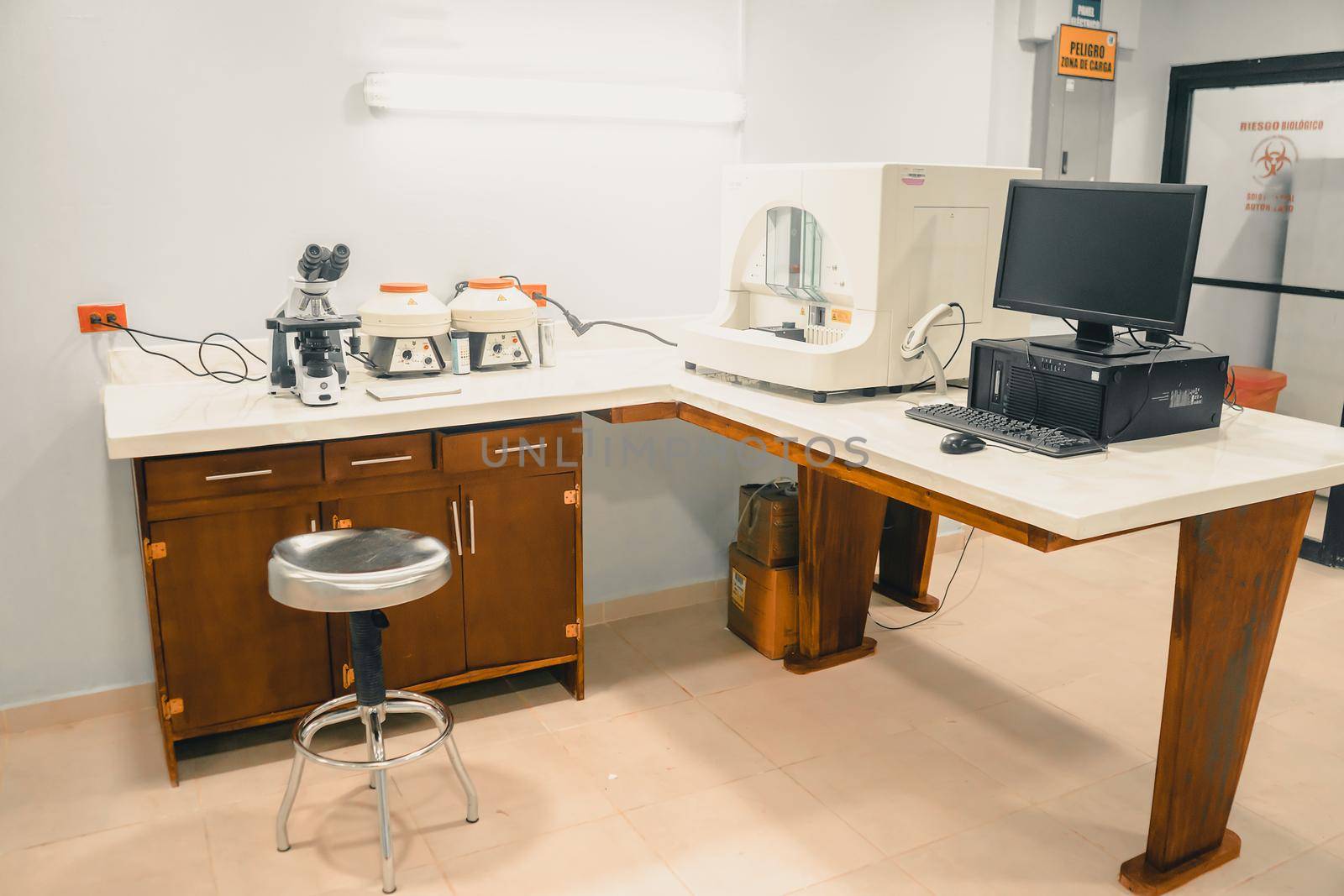 Small medical laboratory in Latin America with basic equipment to analyze blood samples