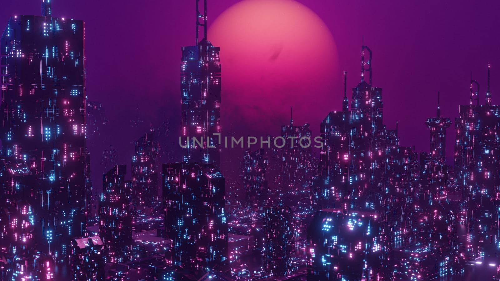 Concept Of The Future Neon Skyscraper Cyber Punk City Banner Background 3d Illustration by yay_lmrb