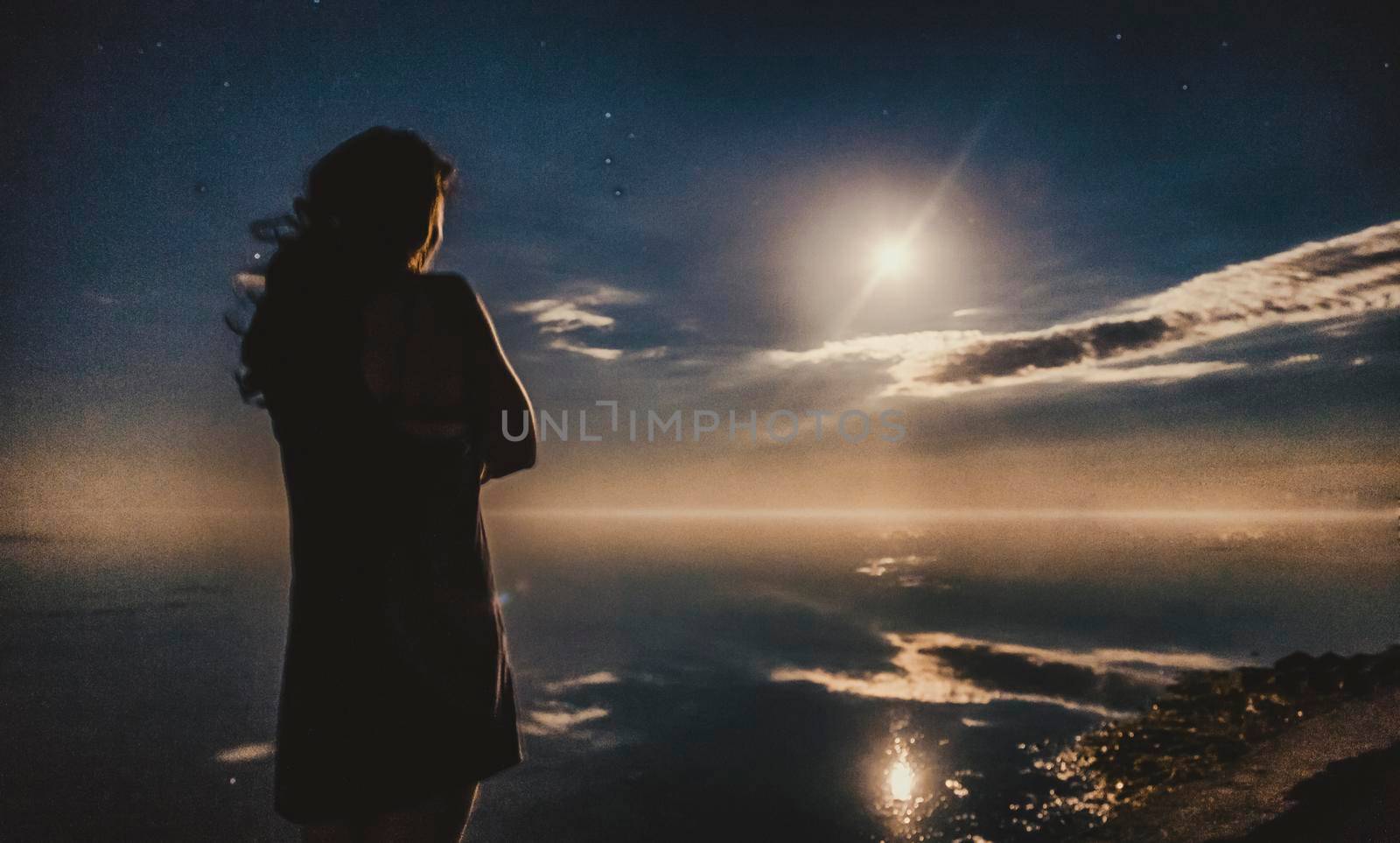 woman looking at the sea in the moonlight