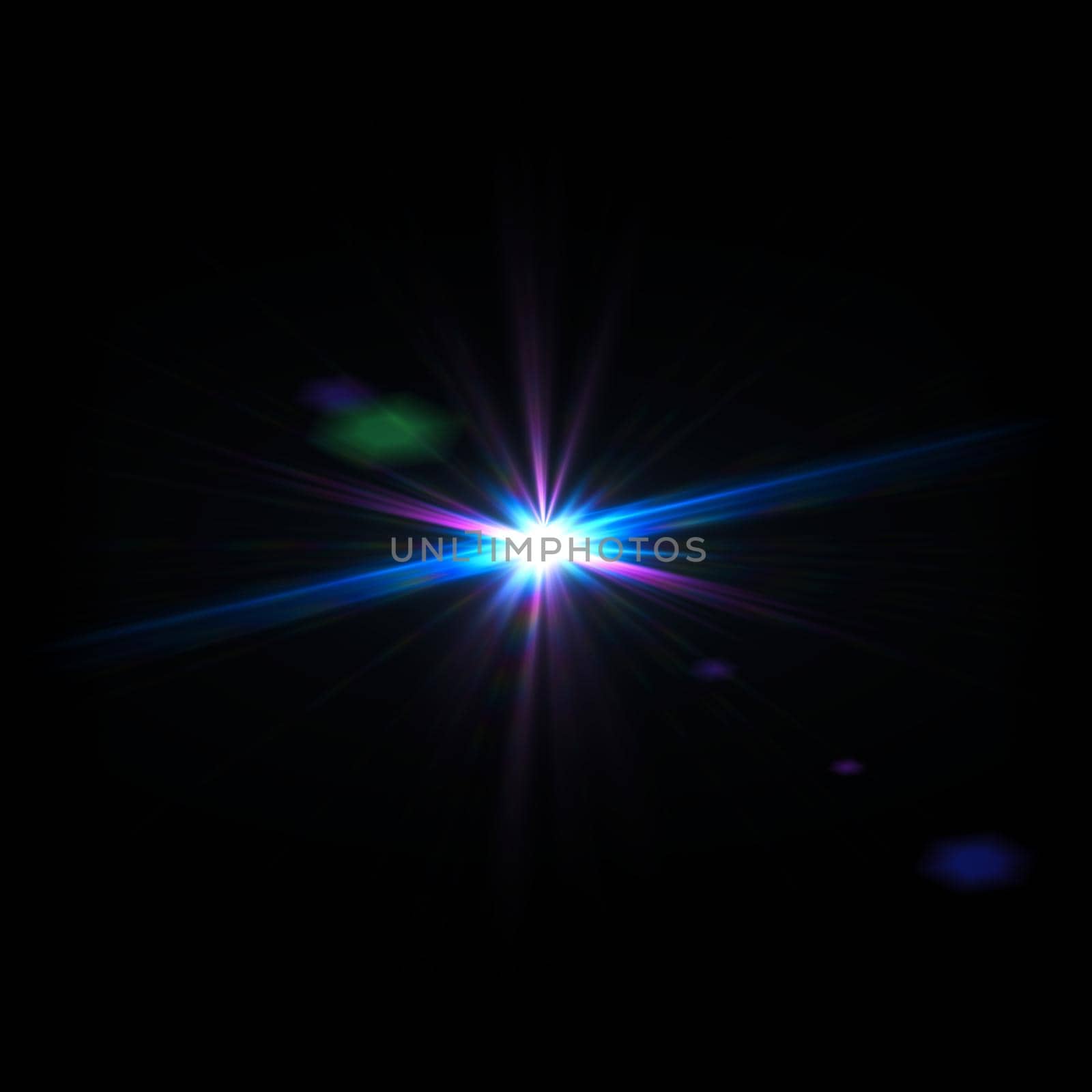 Blue Light Lens flare on black background. Lens flare with bright light isolated with a black background. Used for textures and materials.