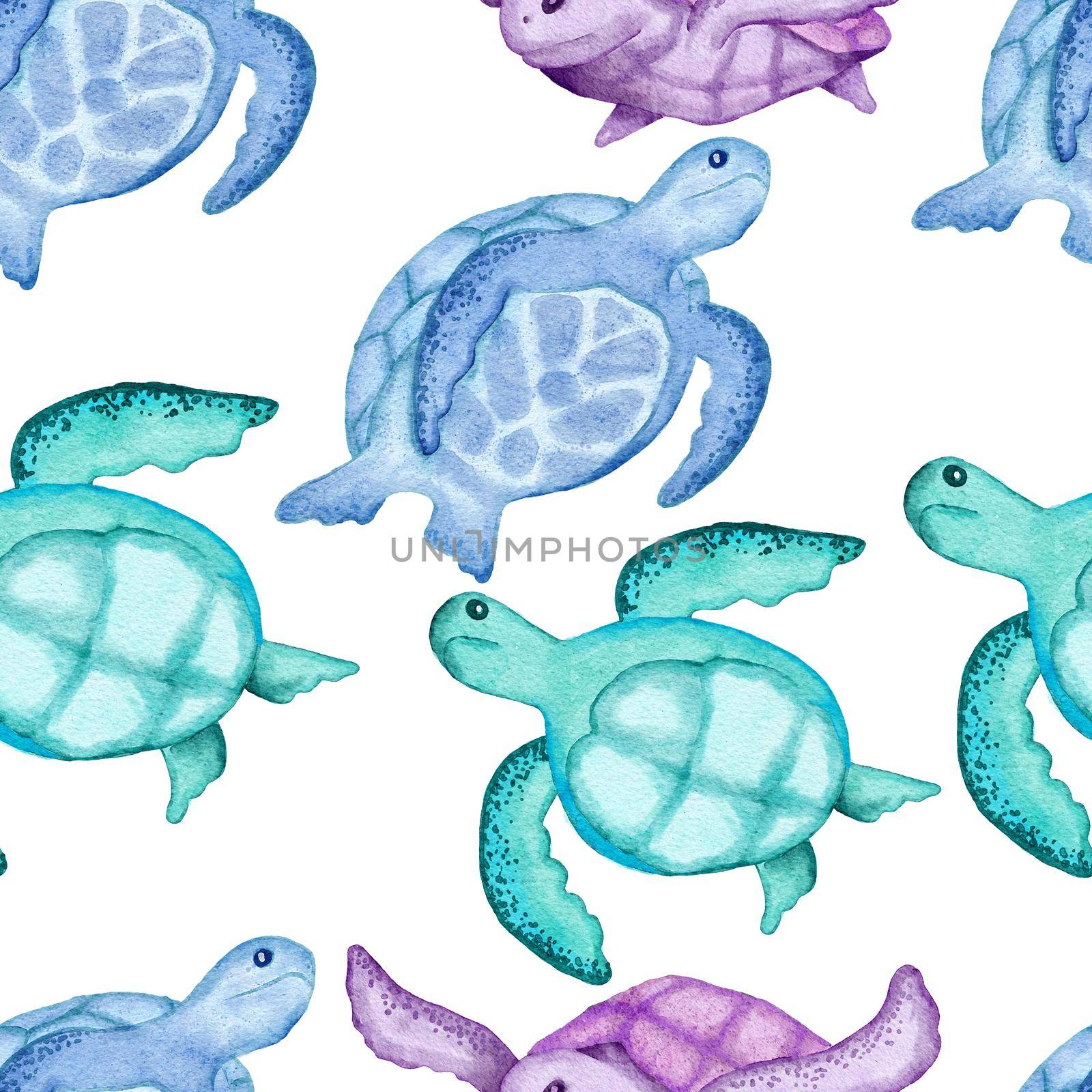 Watercolor hand drawn seamless pattern with underwater marine nautical animals shells fish. Purple blue seahorse seaweed jellyfish, ocean sea summer vacation beach background, turquoise fabric print