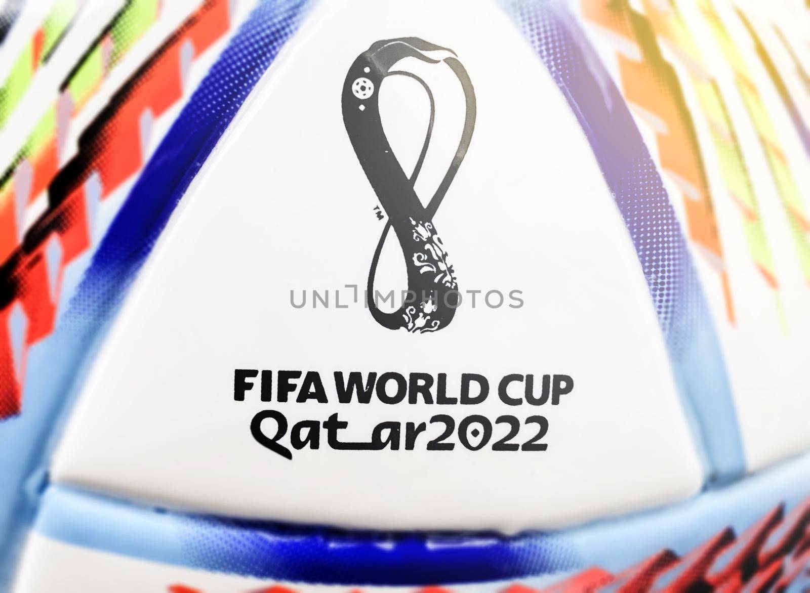 Doha, Qatar, May 2022: Close-up of Al Rihla, the official match ball of FIFA World Cup 2022 scheduled in Qatar