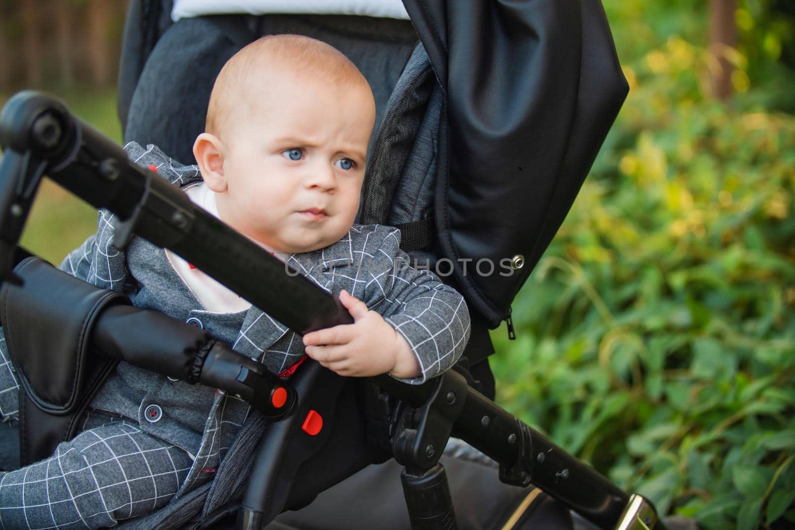 little boy sitting in a stroller for a walk
