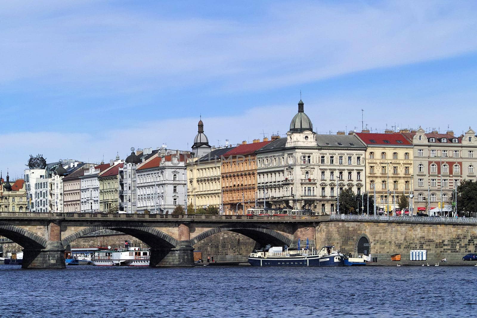 Picturesque view of the Old Town of Prague with its ancient architecture, the Palacký bridge and the River Moldau (Vltava), Czech Republic.