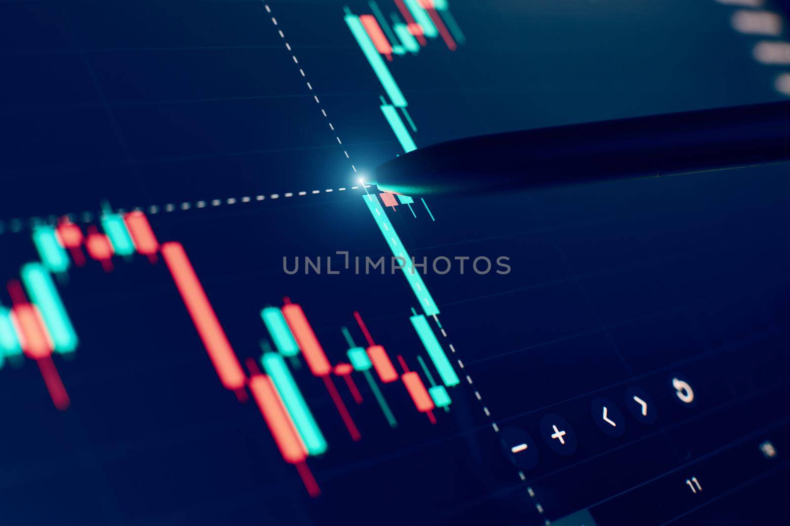 Financial chart with pen, stock analysis data for business background on digital screen. Graphs of the growth of the financial market forex. trading candlestick chart