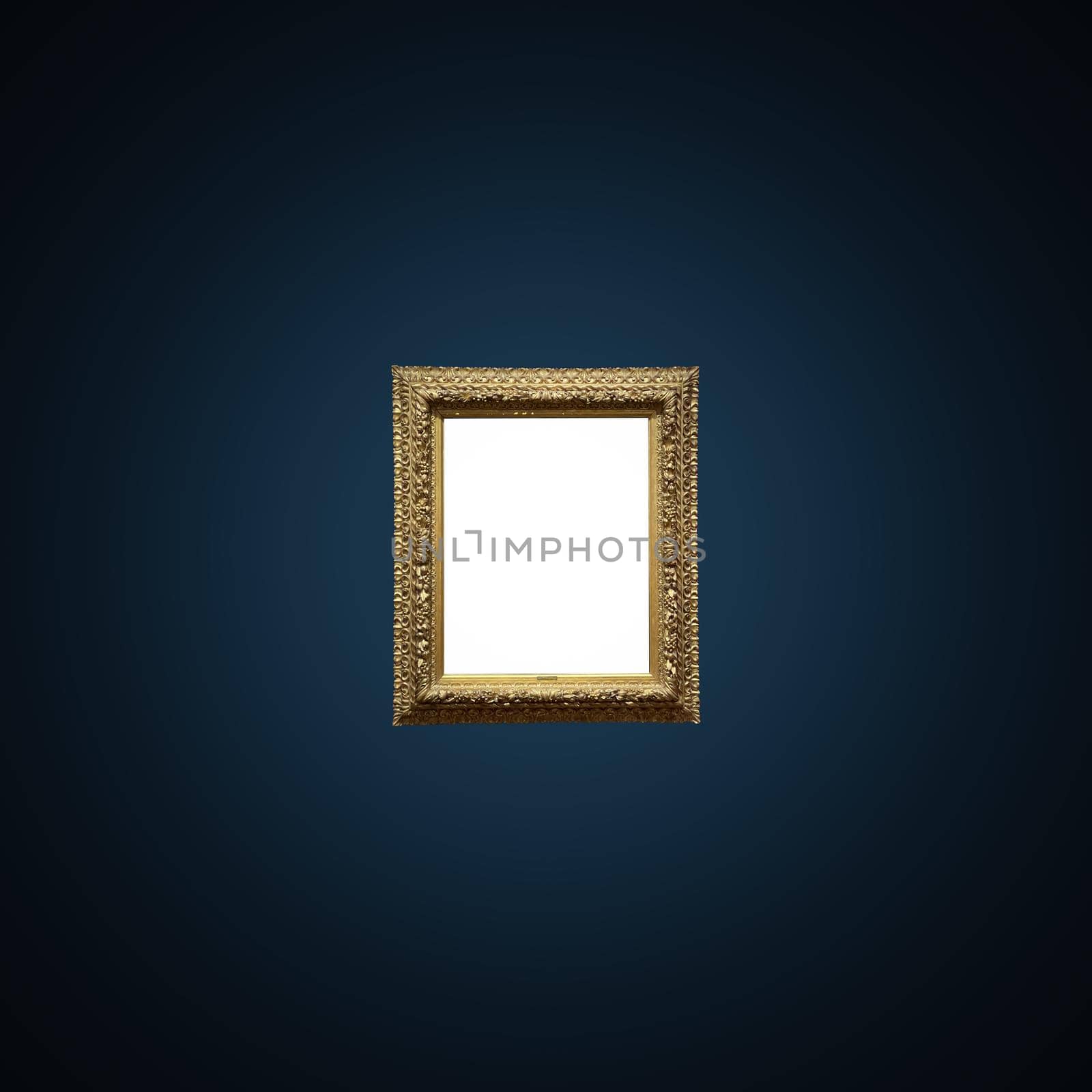 Antique art fair gallery frame on royal blue wall at auction house or museum exhibition, blank template with empty white copyspace for mockup design, artwork concept