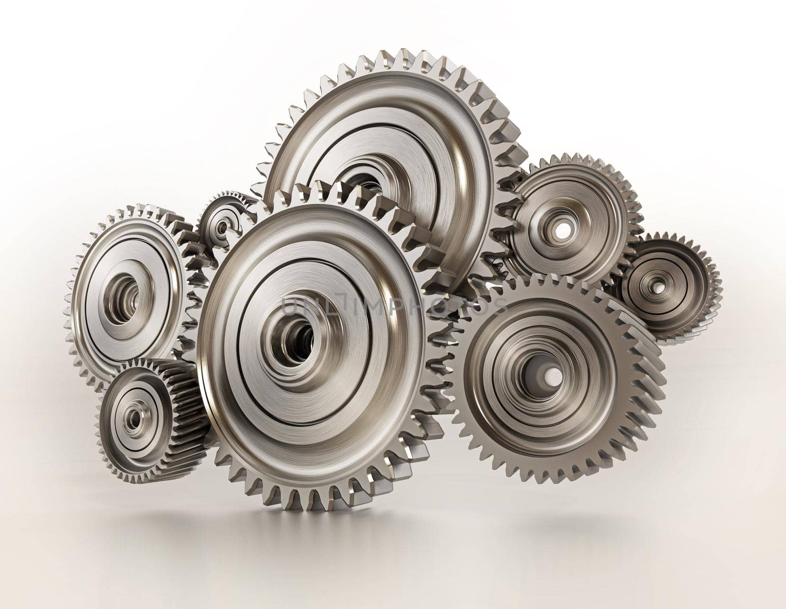 3D steel wheels in motion arranged like a cloud shape. 3D illustration by Simsek