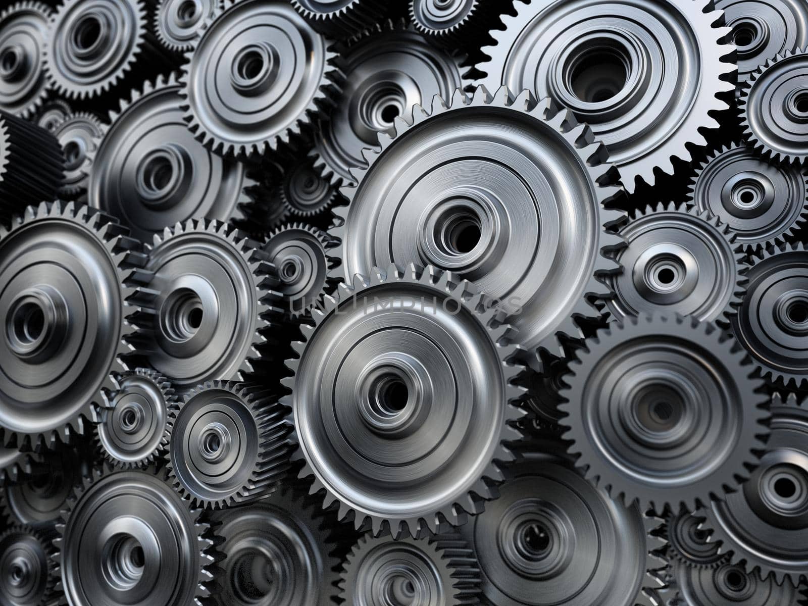 Background formed with group of 3D steel wheels in motion. 3D illustration by Simsek