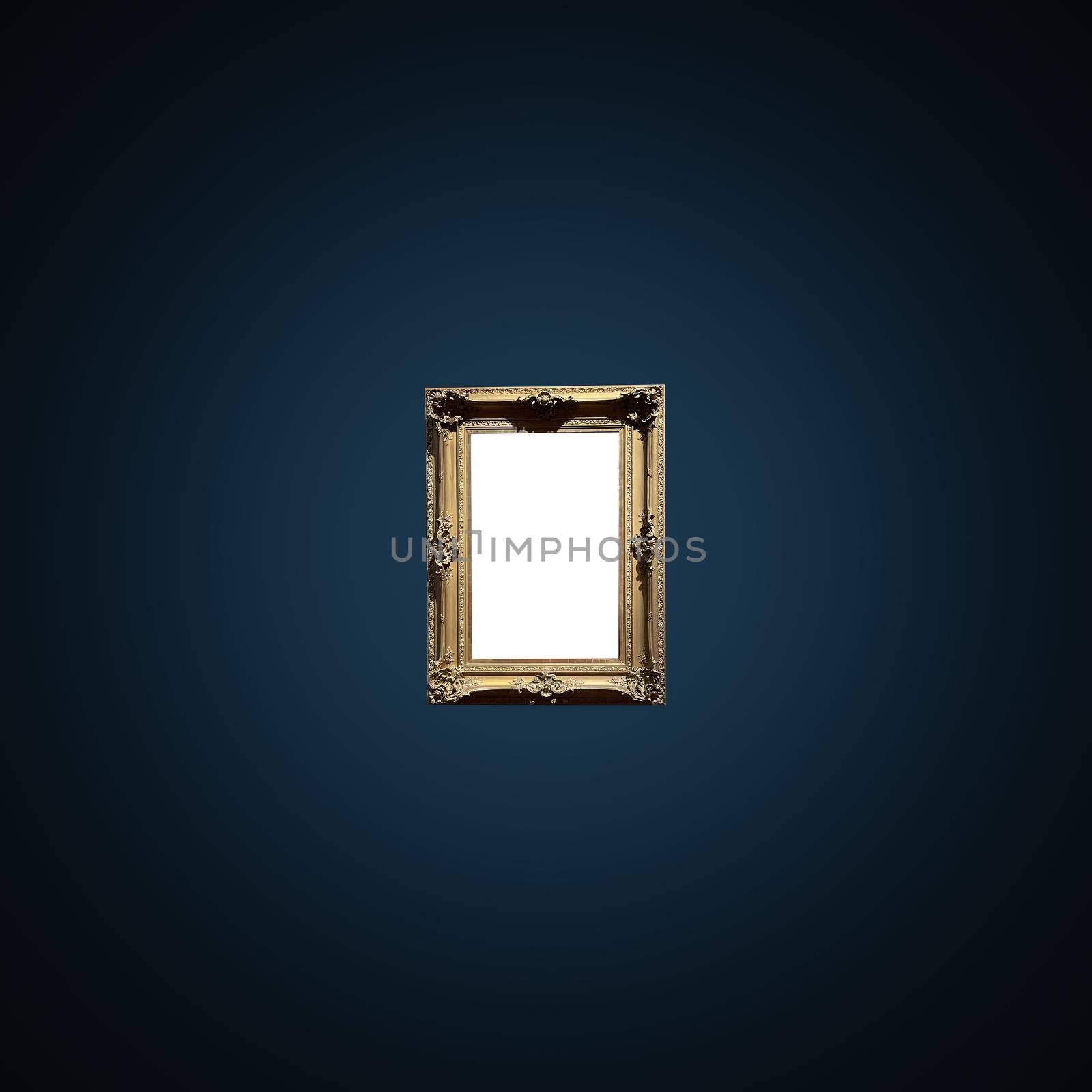 Antique art fair gallery frame on royal blue wall at auction house or museum exhibition, blank template with empty white copyspace for mockup design, artwork concept