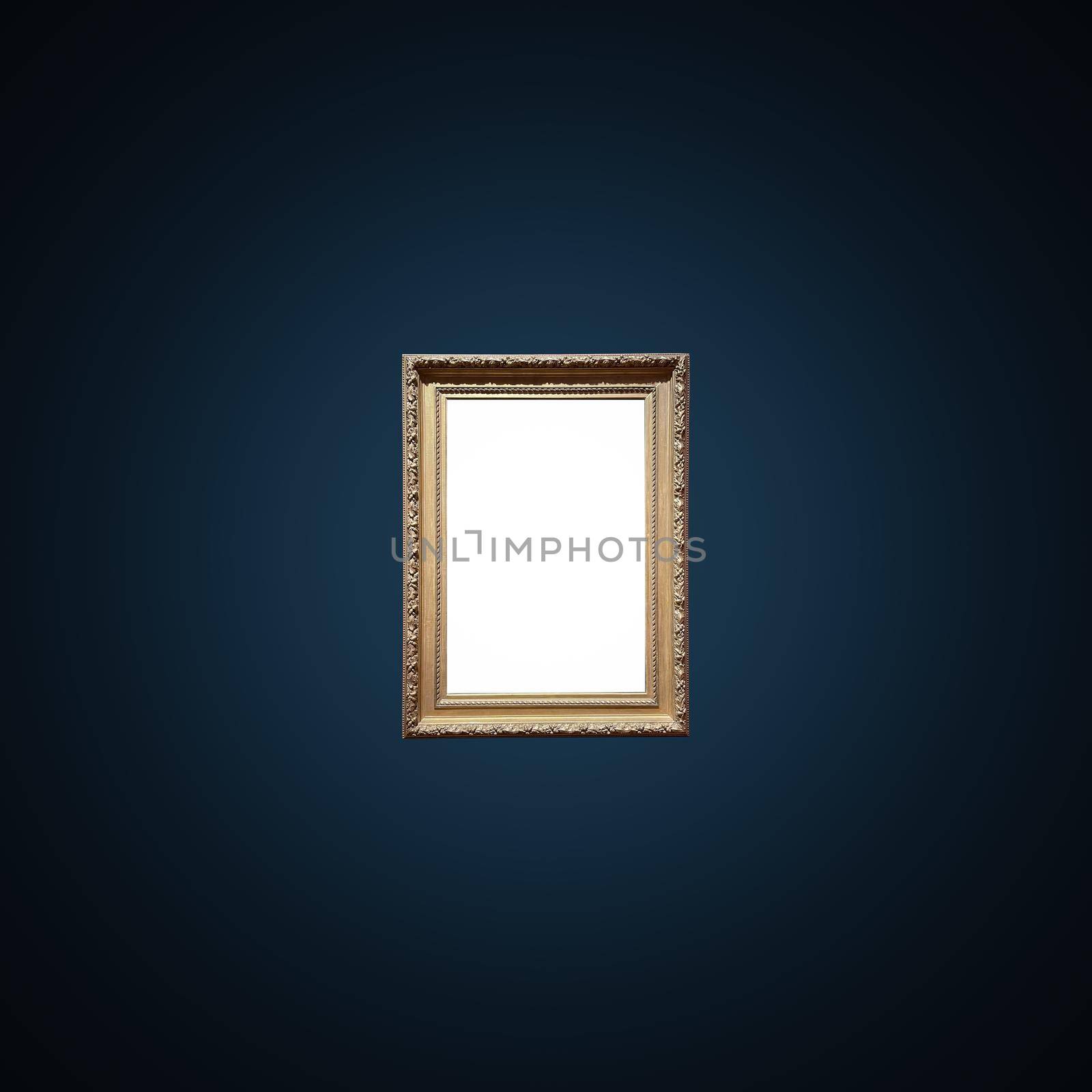 Antique art fair gallery frame on royal blue wall at auction house or museum exhibition, blank template with empty white copyspace for mockup design, artwork by Anneleven