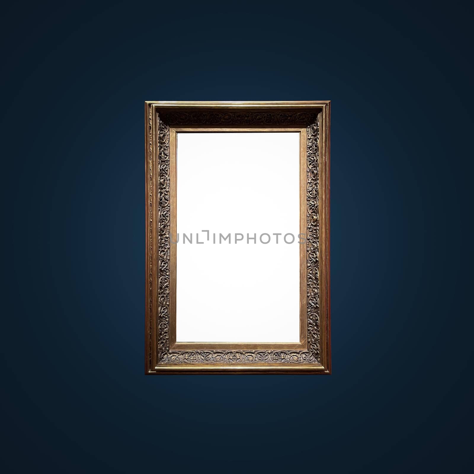 Antique art fair gallery frame on royal blue wall at auction house or museum exhibition, blank template with empty white copyspace for mockup design, artwork by Anneleven