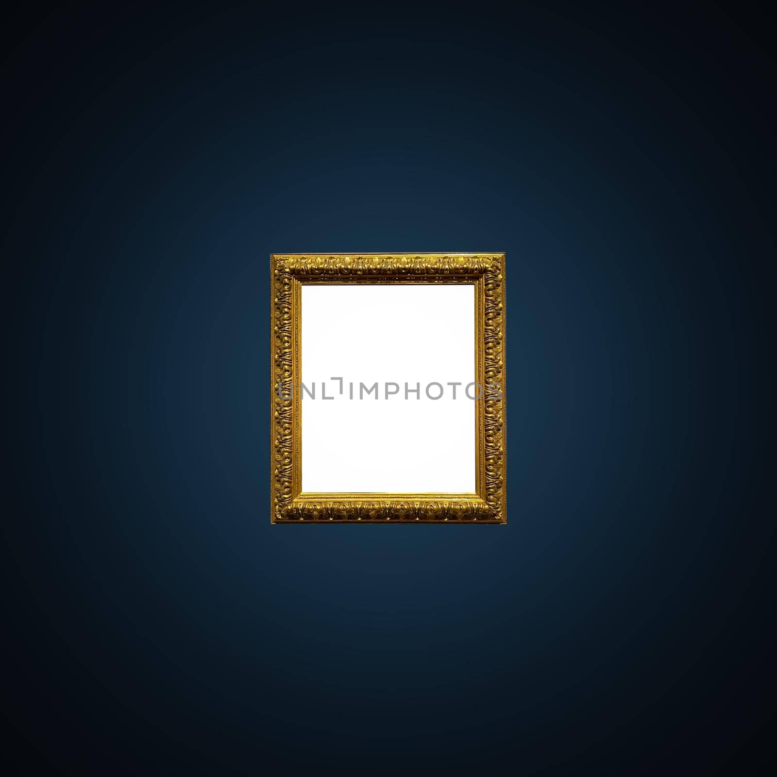 Antique art fair gallery frame on royal blue wall at auction house or museum exhibition, blank template with empty white copyspace for mockup design, artwork by Anneleven
