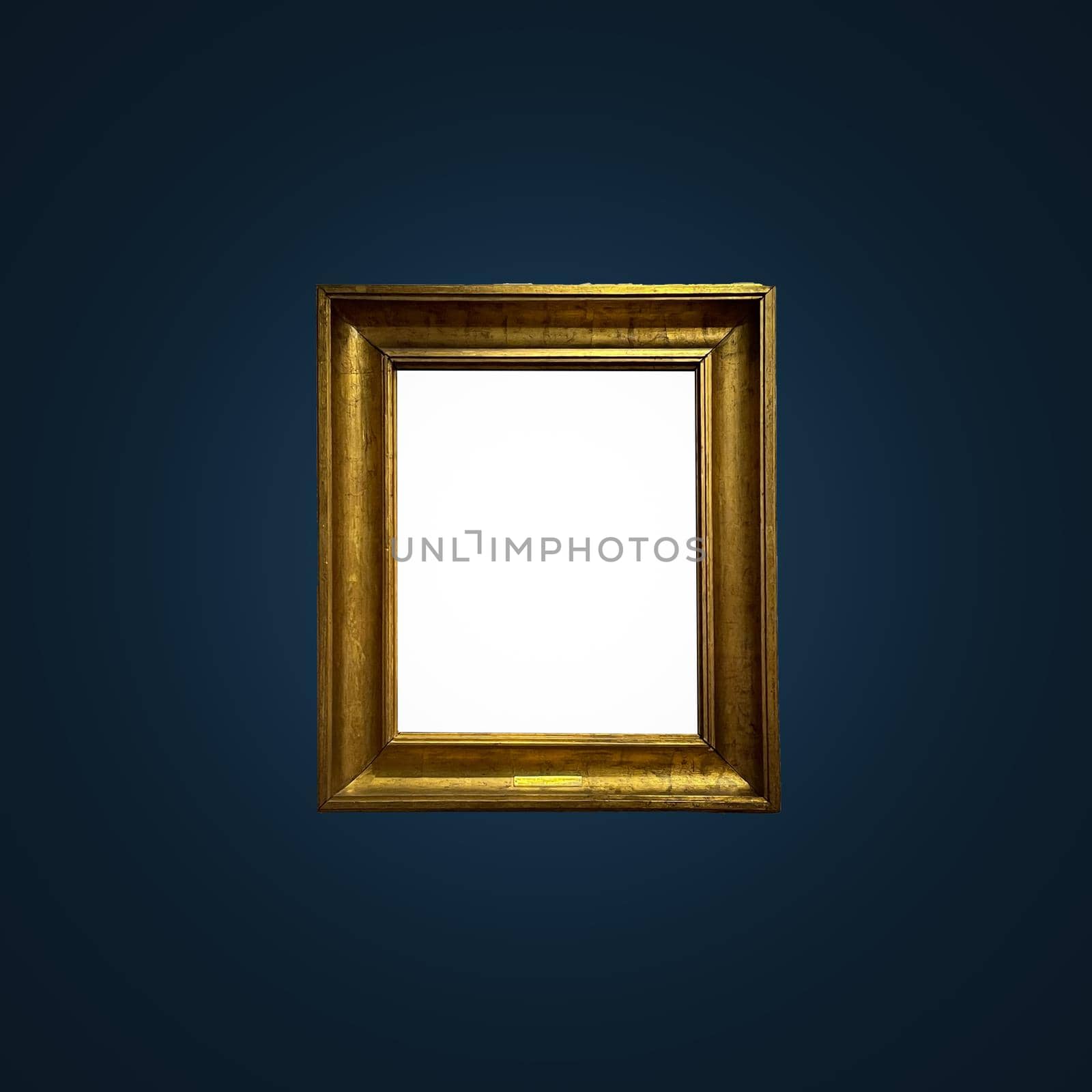 Antique art fair gallery frame on royal blue wall at auction house or museum exhibition, blank template with empty white copyspace for mockup design, artwork by Anneleven