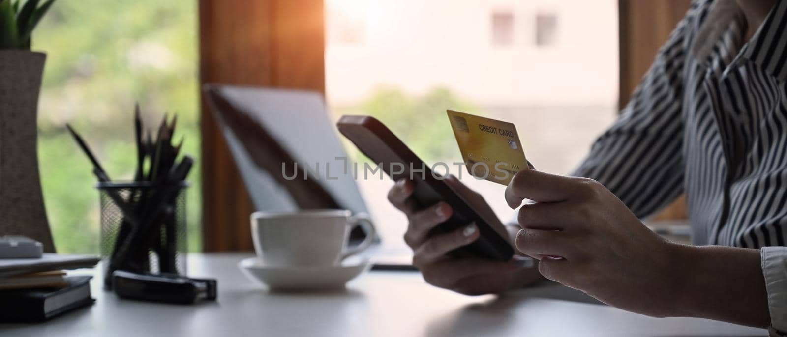 Young female holding debit card and shopping online or making payment online on her smart phone.