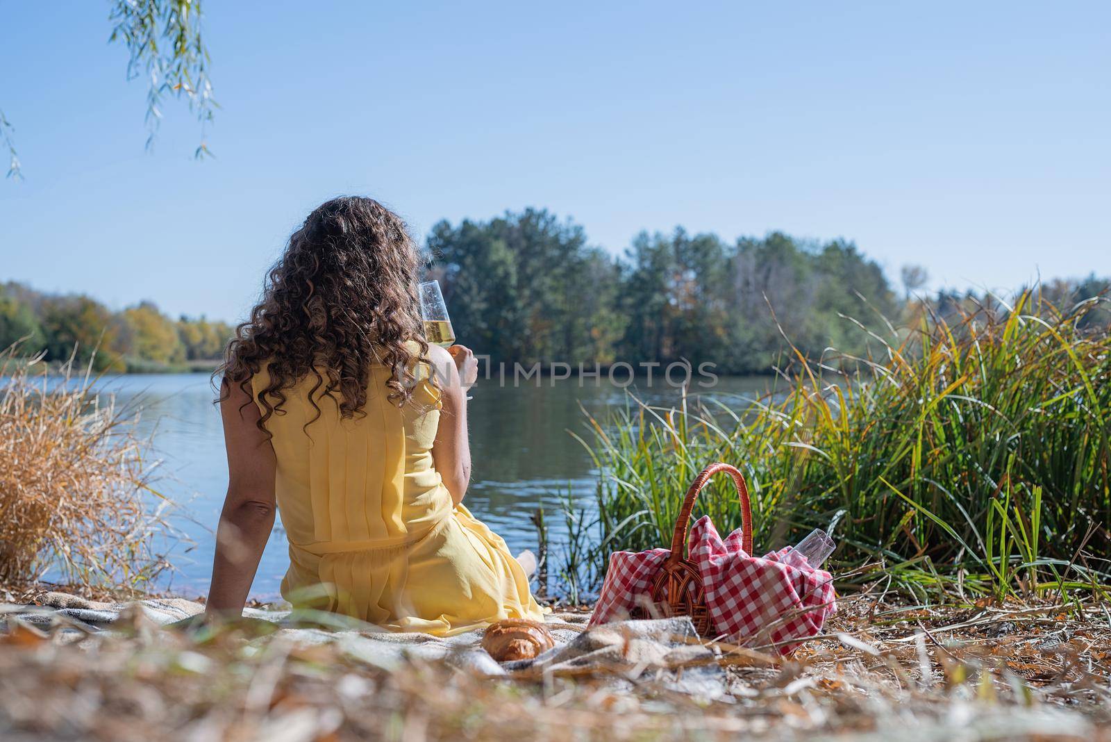 Beautiful woman in yellow dress on a picnic by Desperada