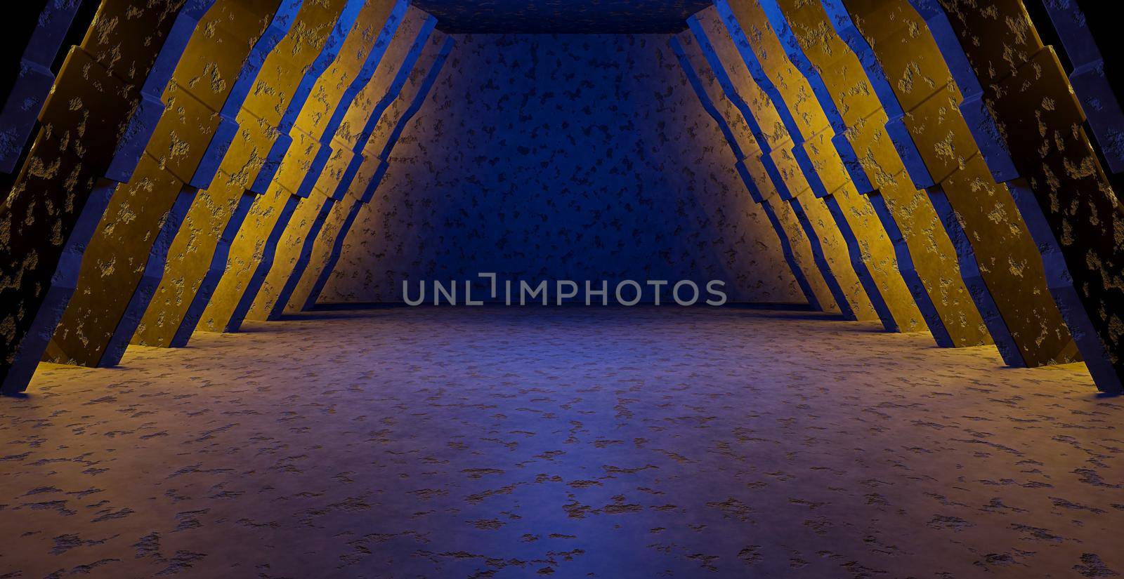 Empty Futuristic Basement Hangar Corridor Warehouse Club Dance Studio Showroom Spotlight Copper Brown or Yellow Background Pedestal Concept For Graphic Design 3D Illustration