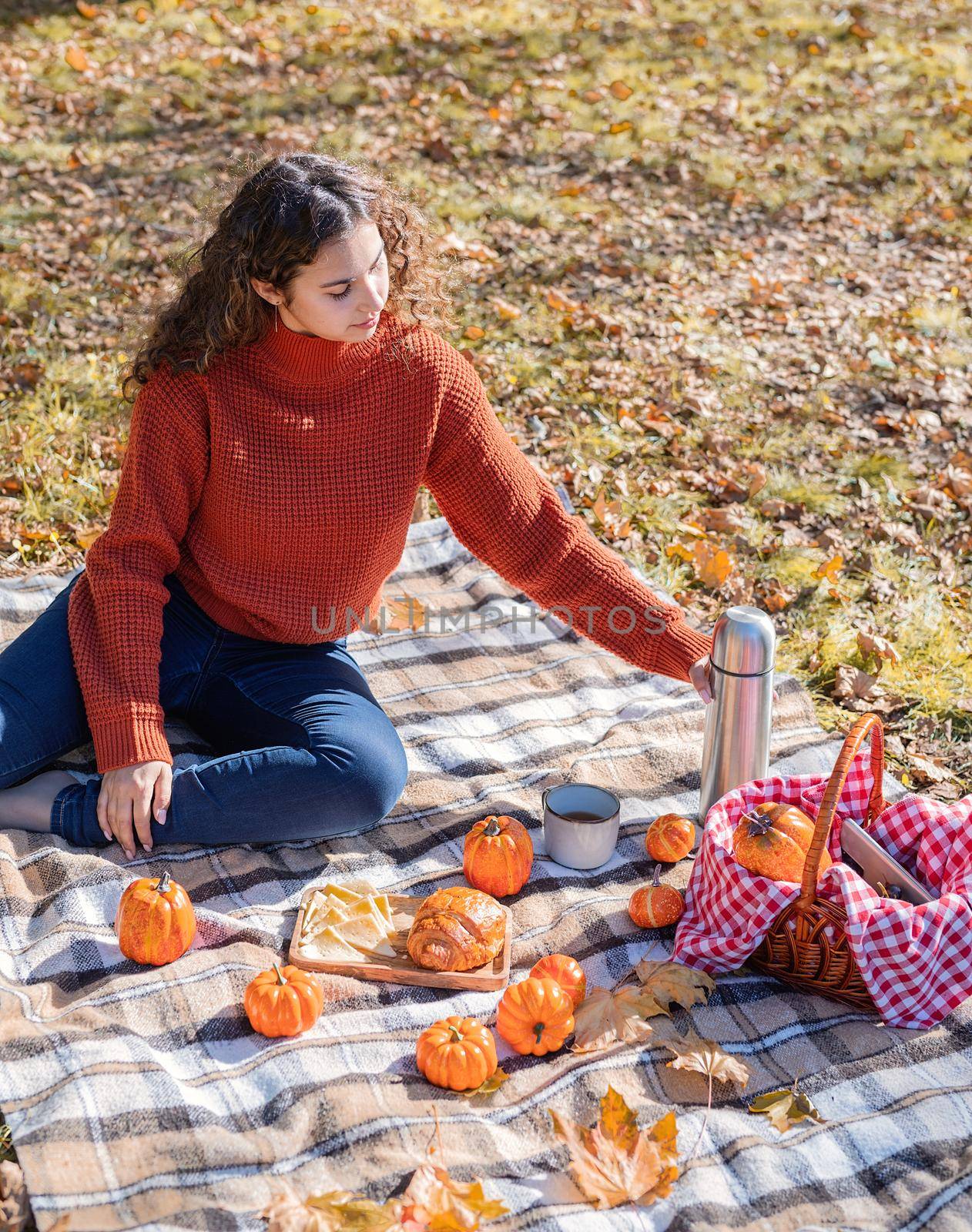 Beautiful woman in red sweater on a picnic in a autumn forest by Desperada