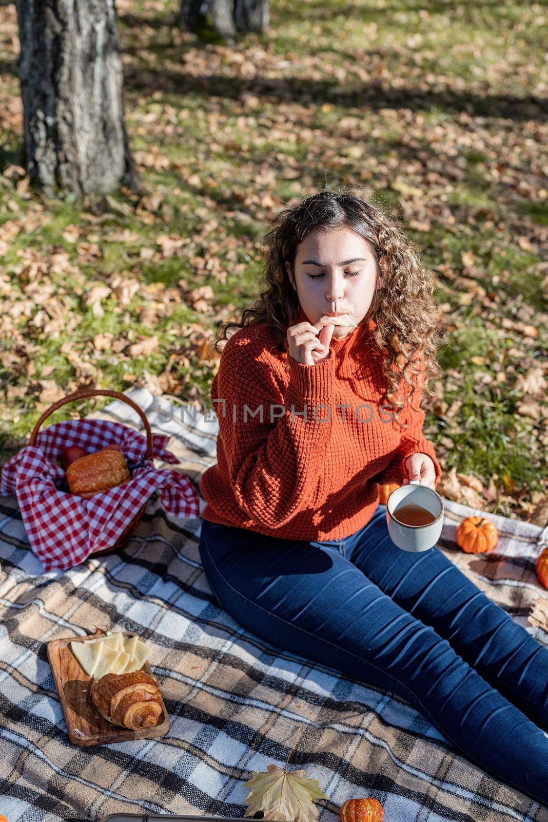 Beautiful woman in red sweater on a picnic in a autumn forest by Desperada