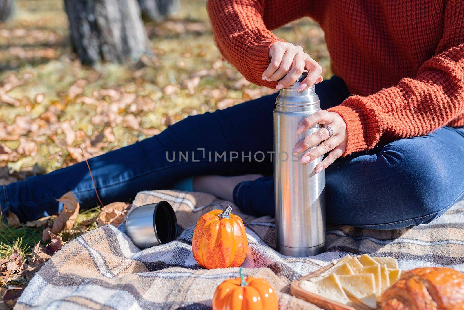 Leisure, free time. Beautiful caucasian woman in red sweater on a picnic outdoors, sitting on a plaid in autumn forest