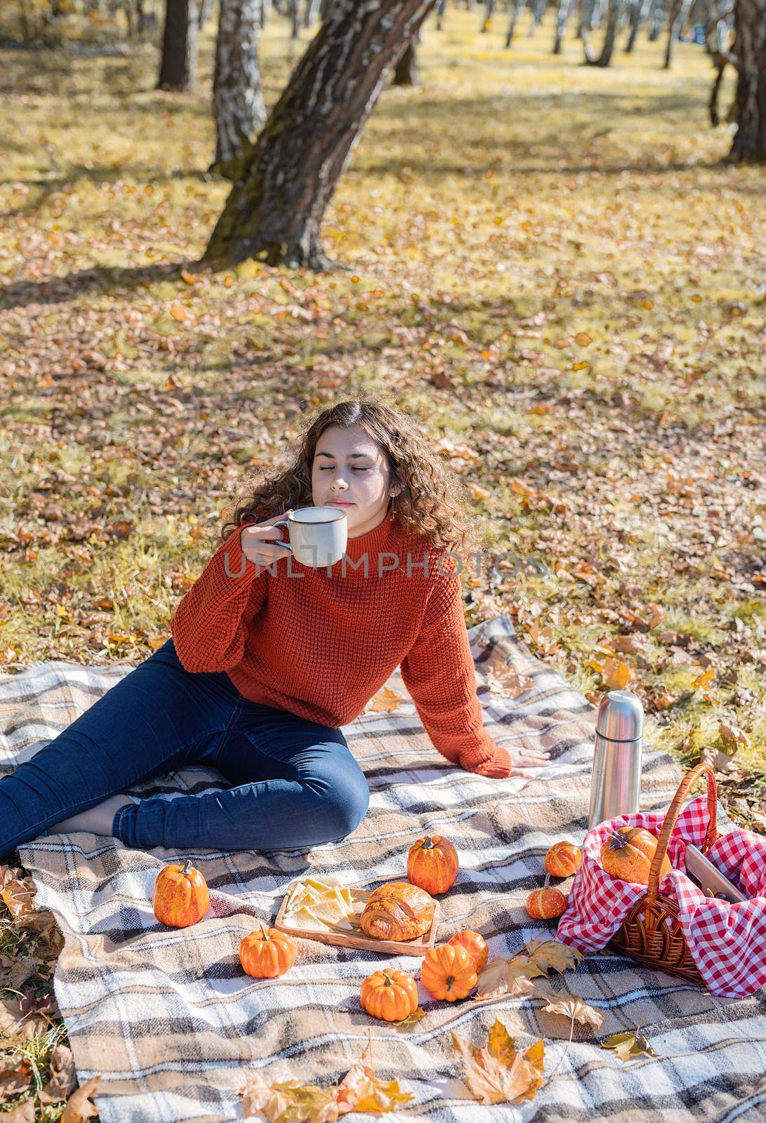 Leisure, free time. Beautiful caucasian woman in red sweater on a picnic outdoors, sitting on a plaid in autumn forest