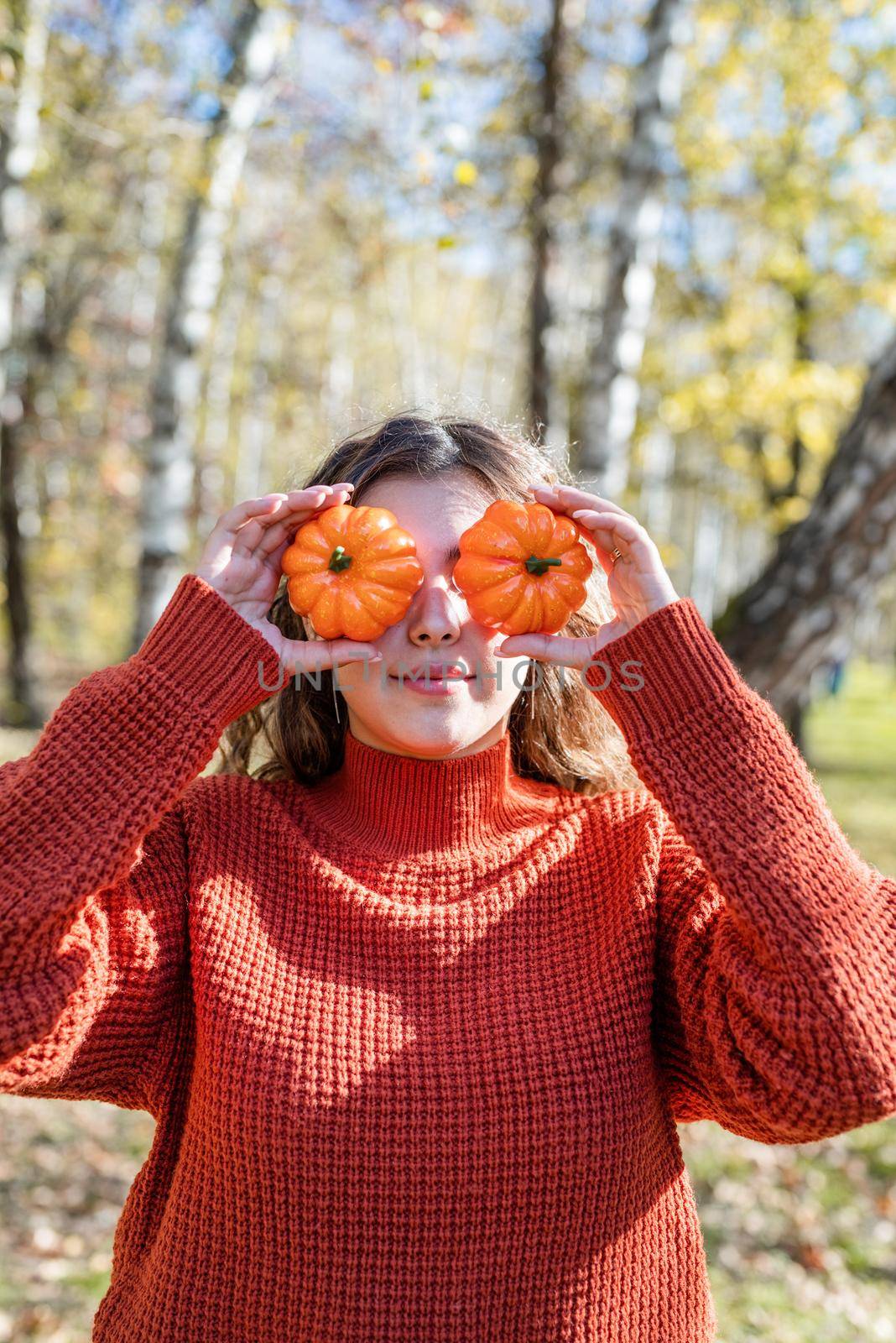 Beautiful woman in red sweater on a picnic in a autumn forest by Desperada