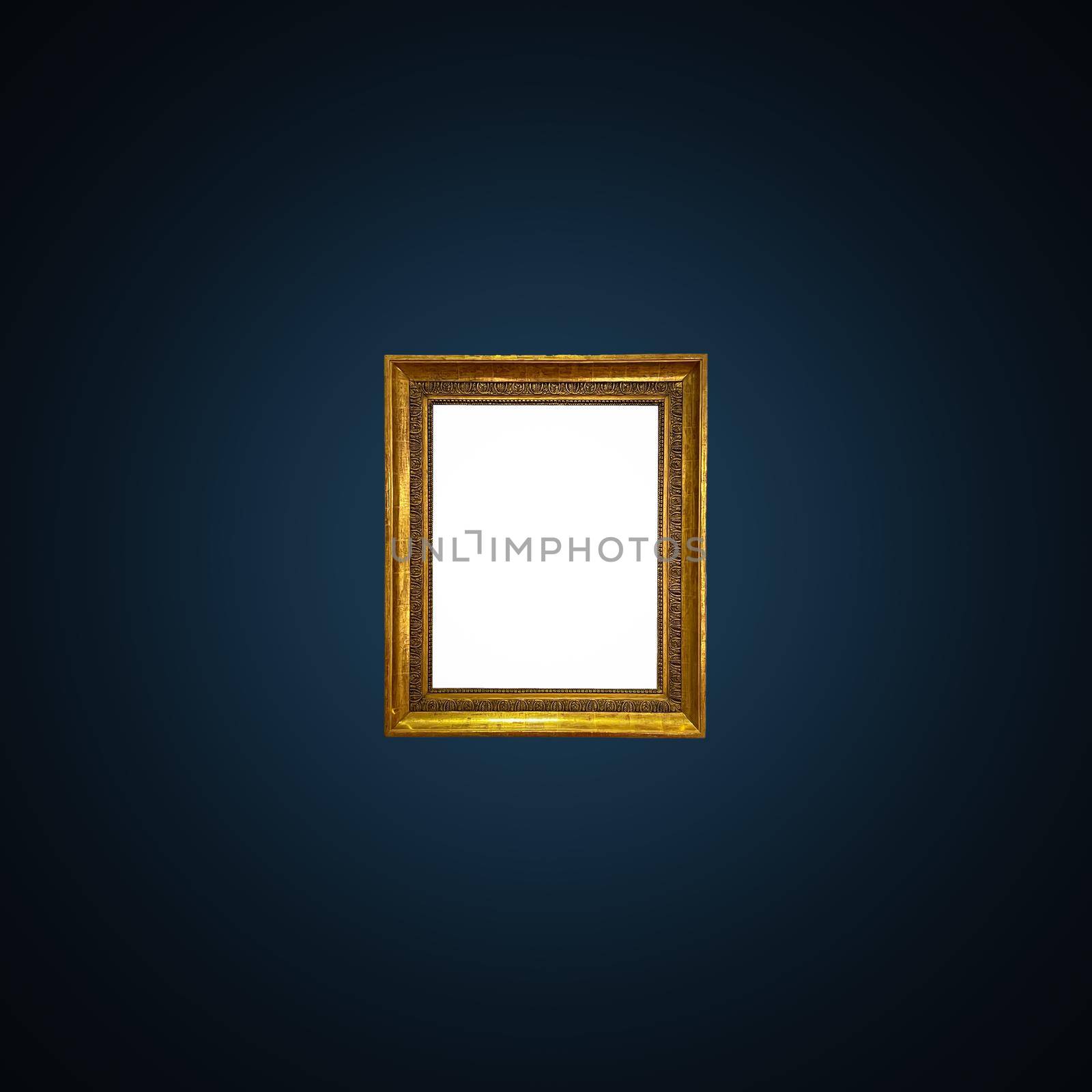 Antique art fair gallery frame on royal blue wall at auction house or museum exhibition, blank template with empty white copyspace for mockup design, artwork by Anneleven